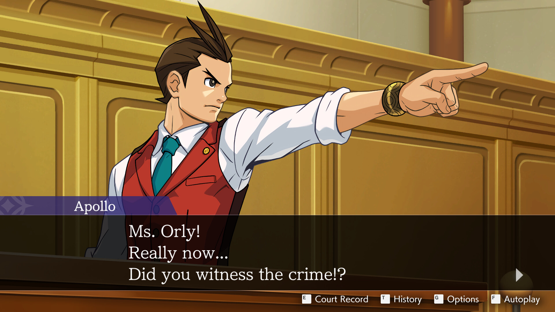 Apollo challenges a witness during courtroom testimony.