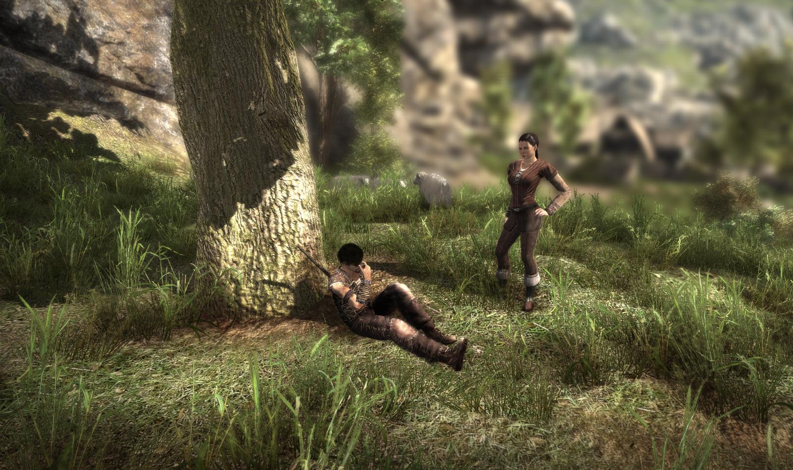 Two characters rest and talk beneath a tree.