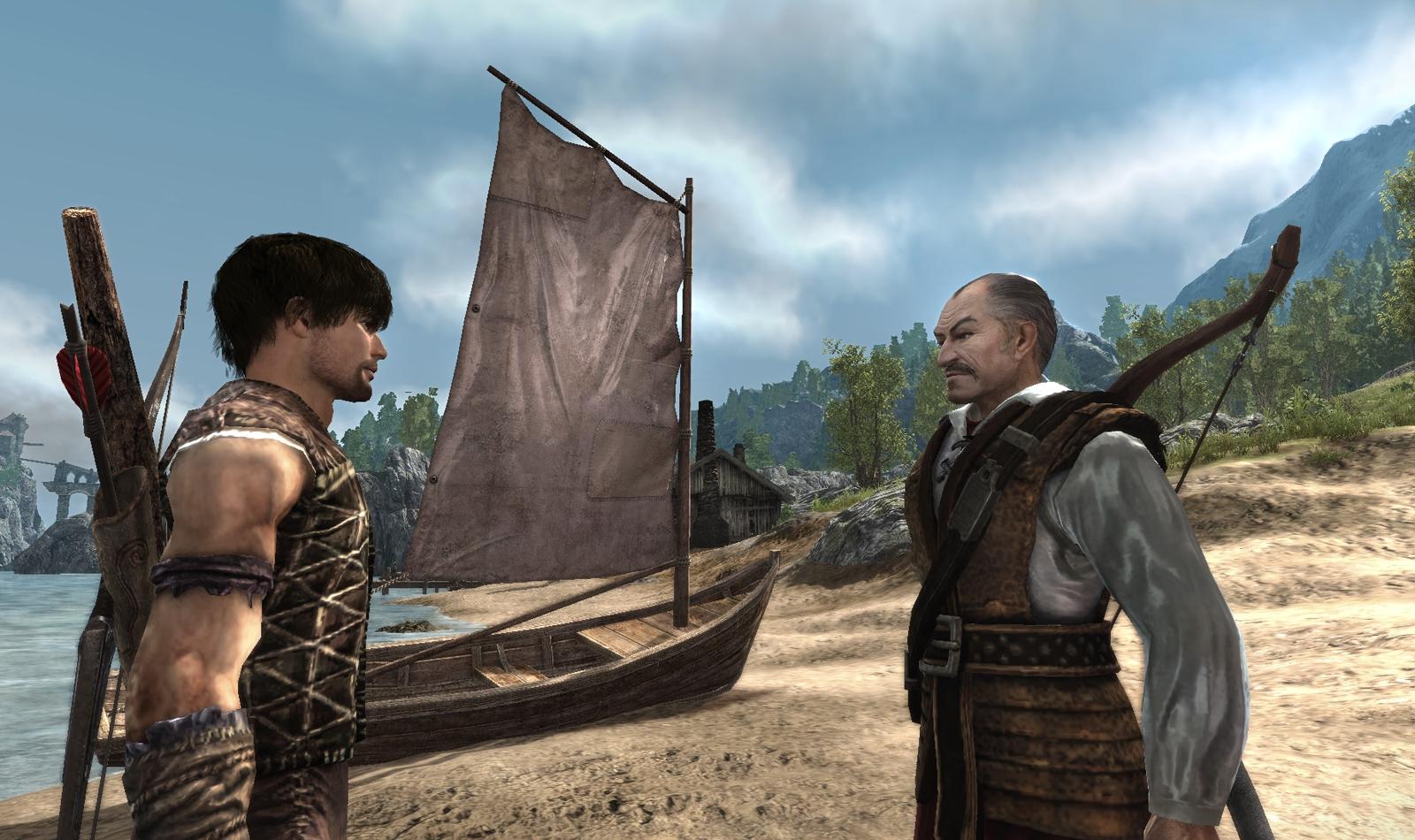 The new hero speaks with a man beside a boat.
