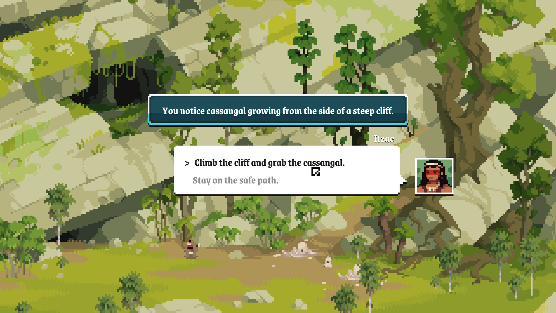 A dialogue choice appears on a forest path.