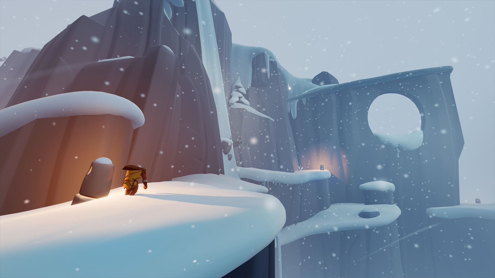 An older figure crosses a snowy ledge above a deep ravine.