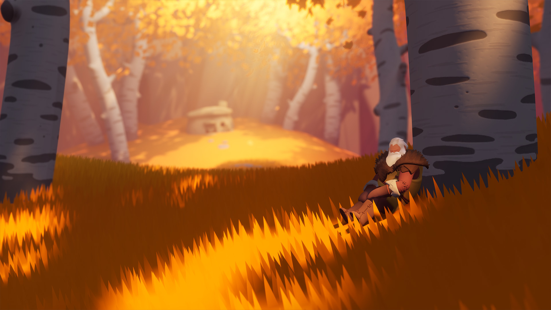 The traveller moves through sunlit autumn grass between trees.
