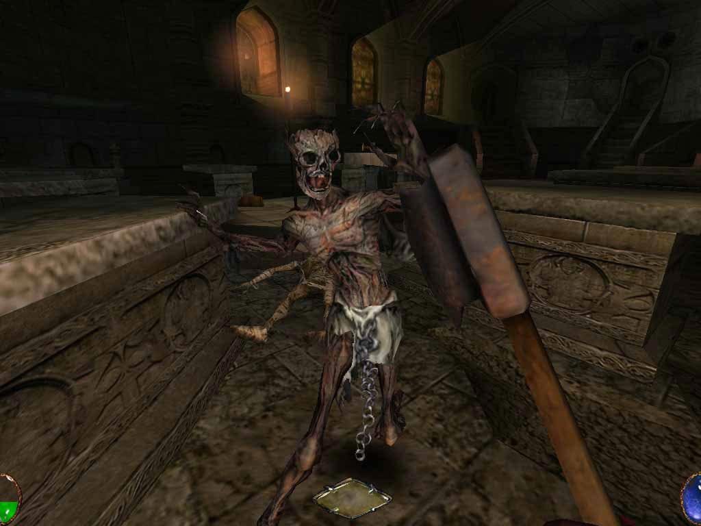 A creature confronts the player in a stone chamber.