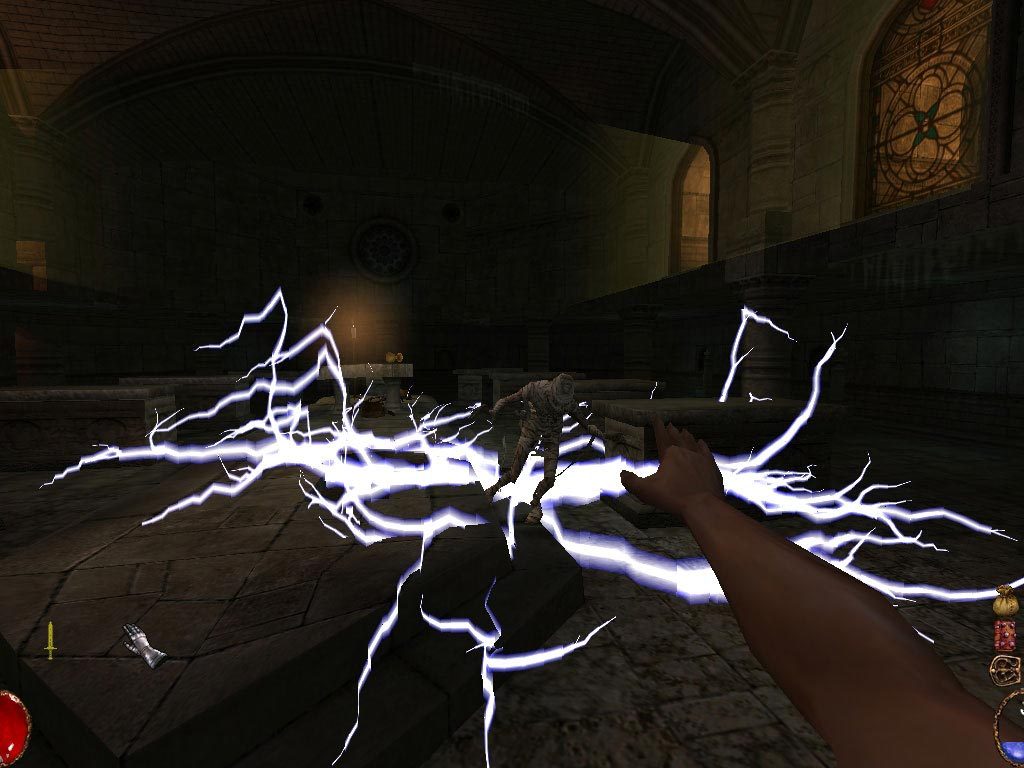 A lightning spell spreads across the floor of an underground room.
