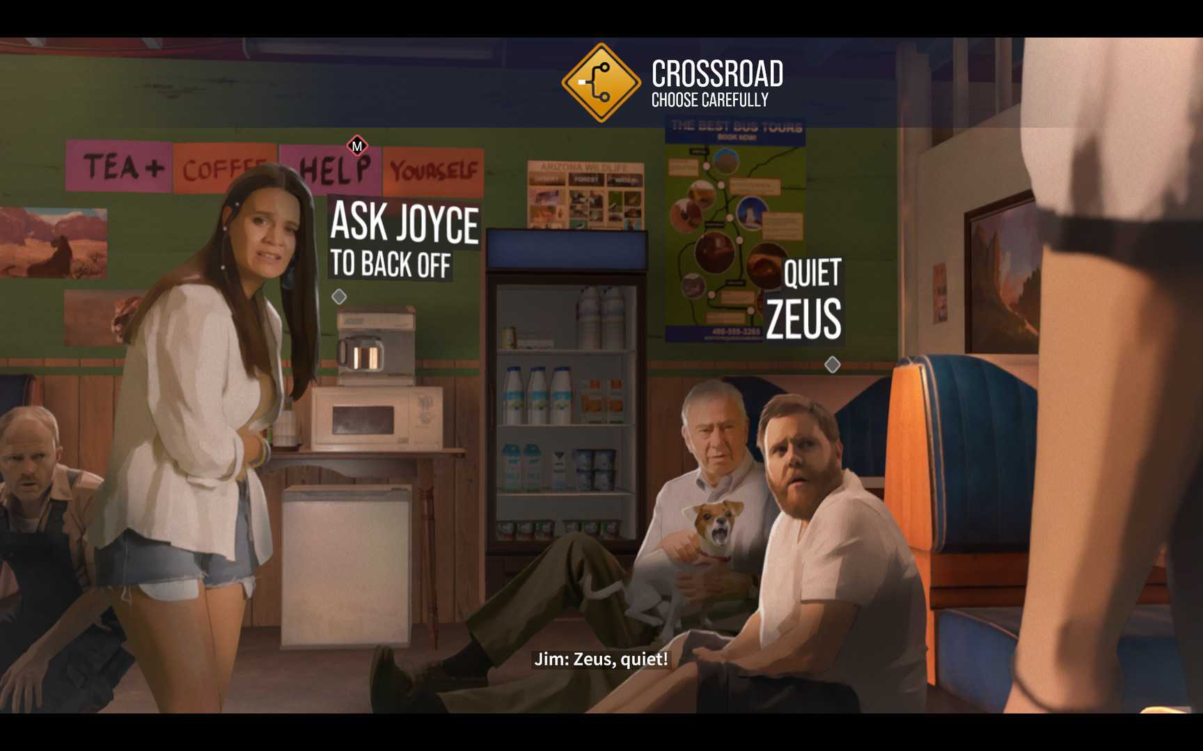 A dialogue choice appears during a tense diner conversation.