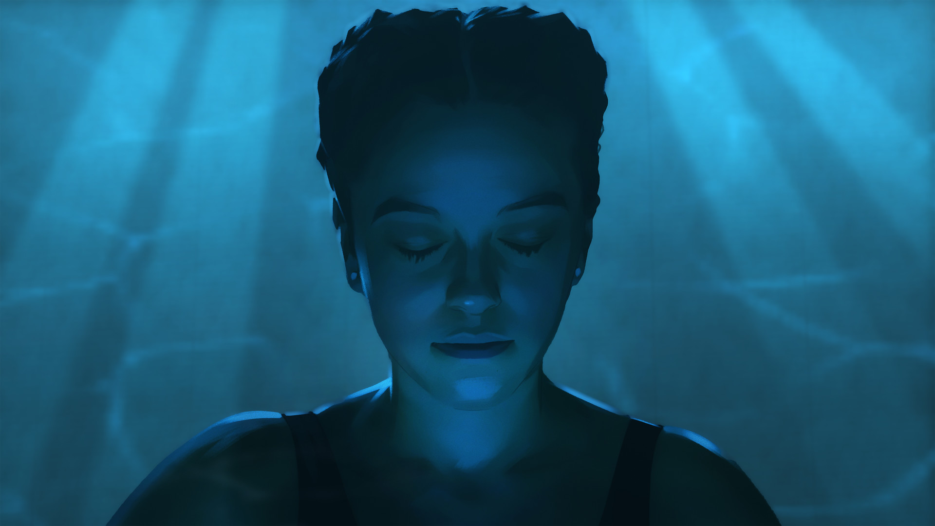 A young woman closes her eyes in a blue-lit scene.