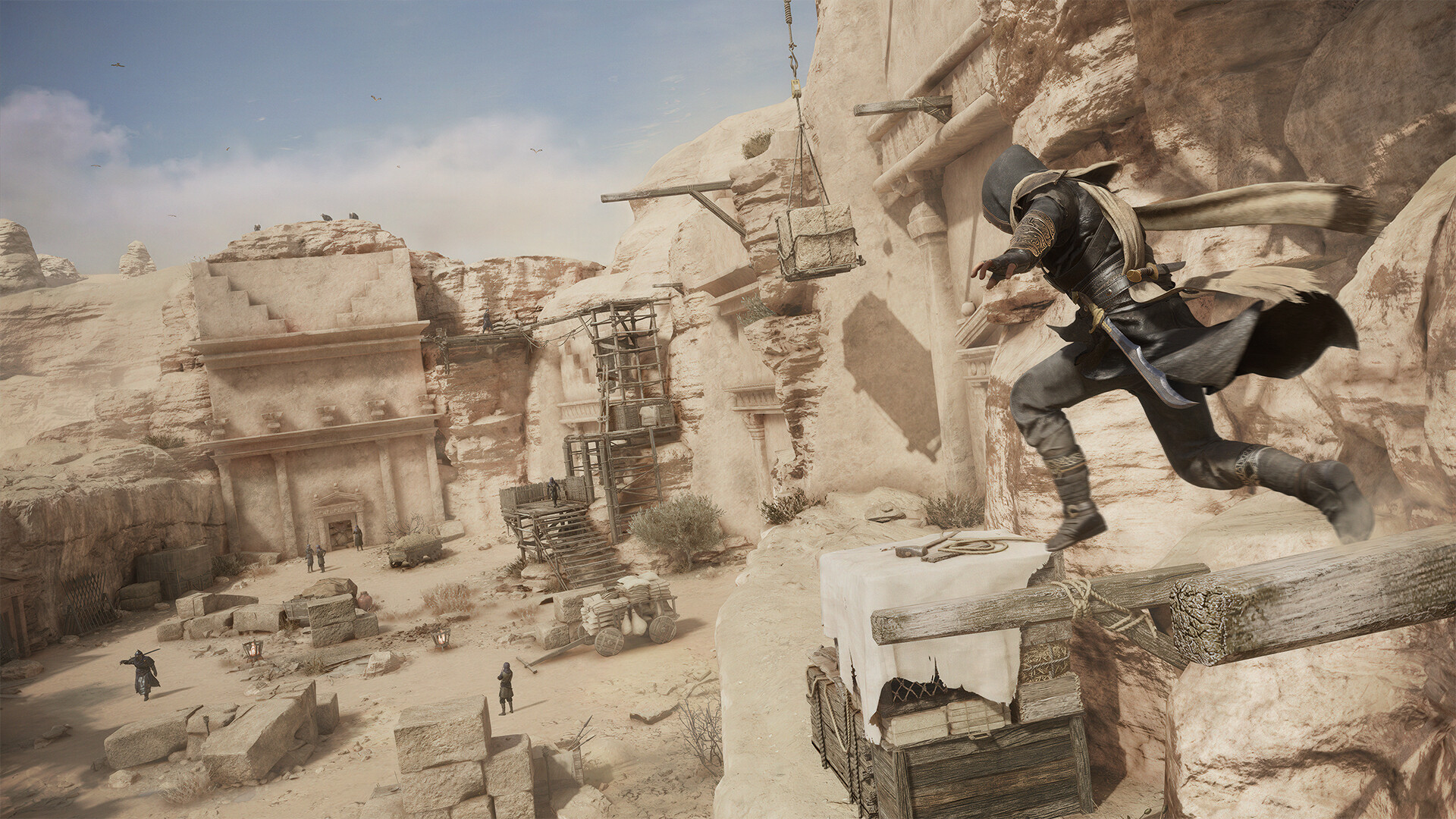 Basim leaps between sunlit stone buildings in Baghdad.