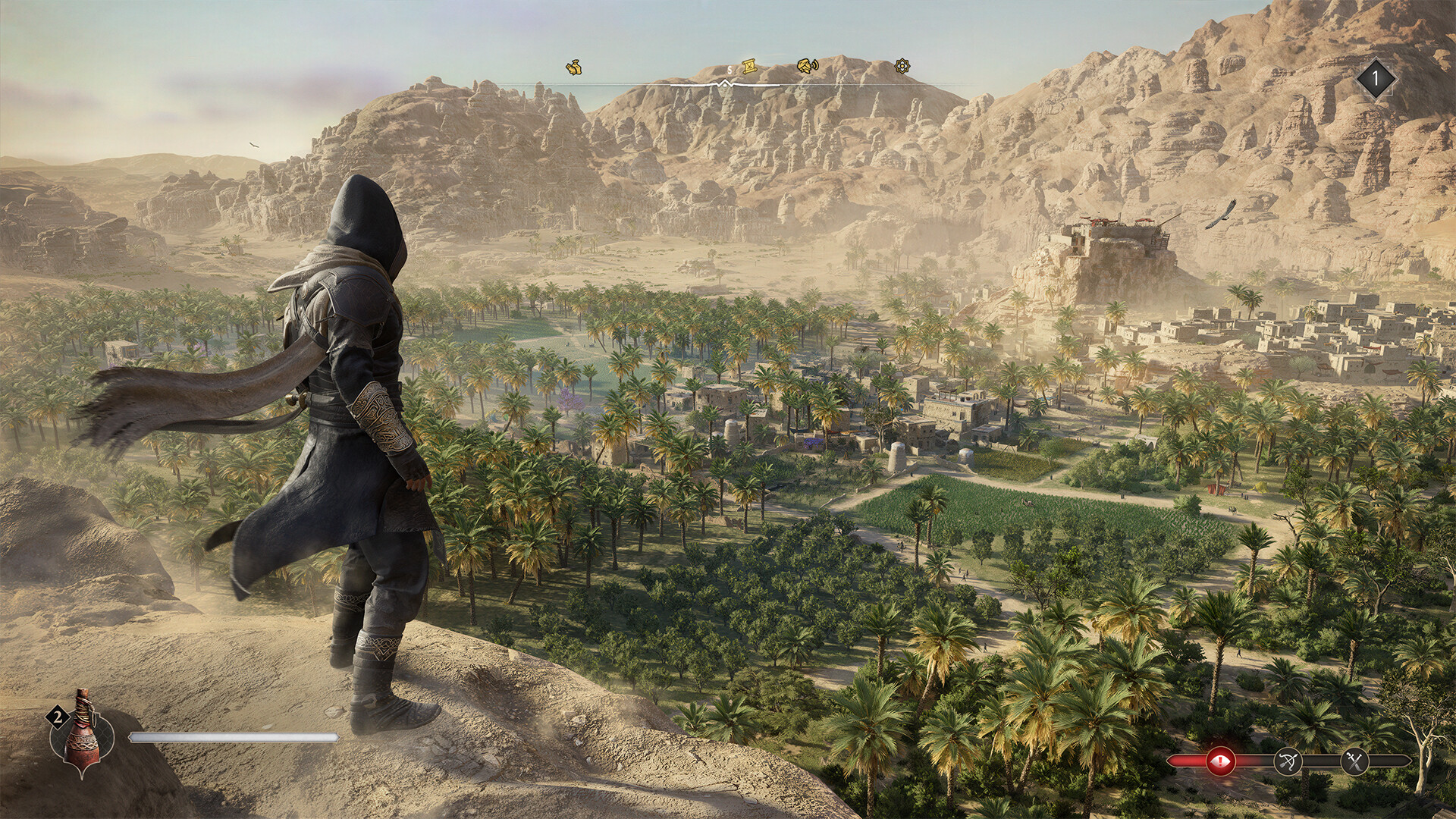 Basim surveys a green valley beyond the city.