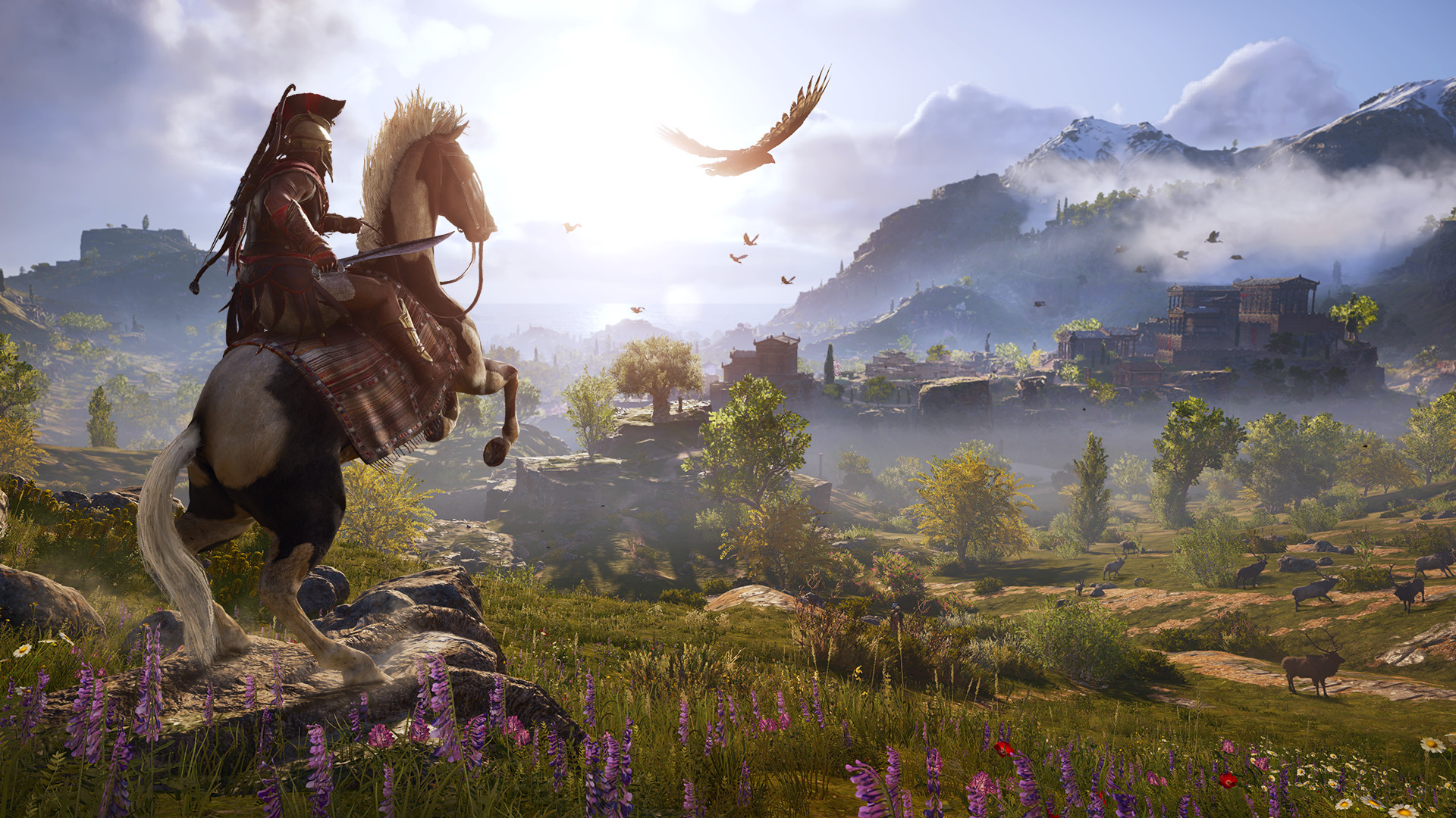 A rider surveys a Greek valley as an eagle circles overhead.