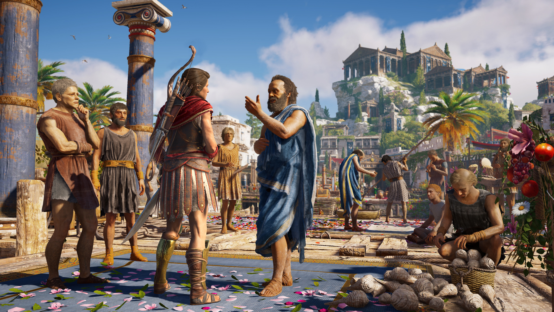 A mercenary speaks with residents in an ancient Greek marketplace.