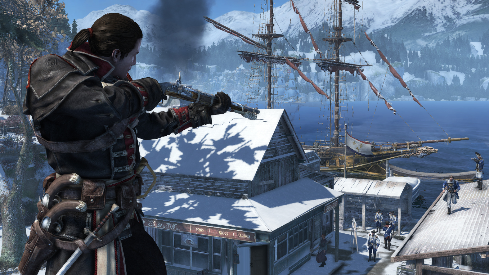 Shay aims a firearm over a snowy port toward a sailing ship.