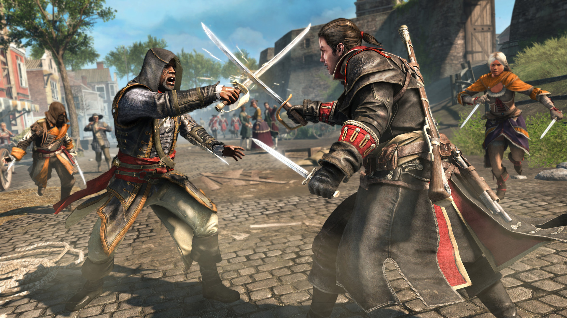 Shay duels an Assassin while other fighters close in.