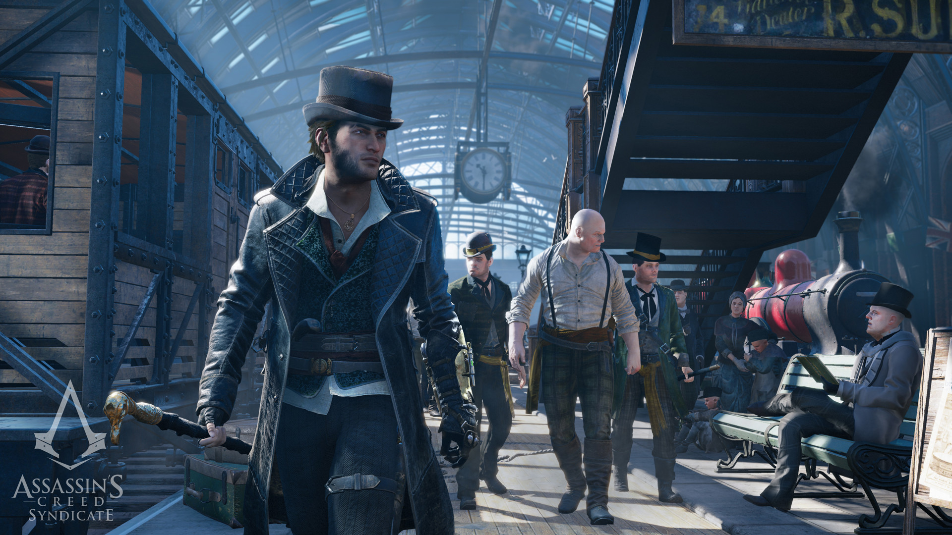 Jacob Frye walks through a London railway station.