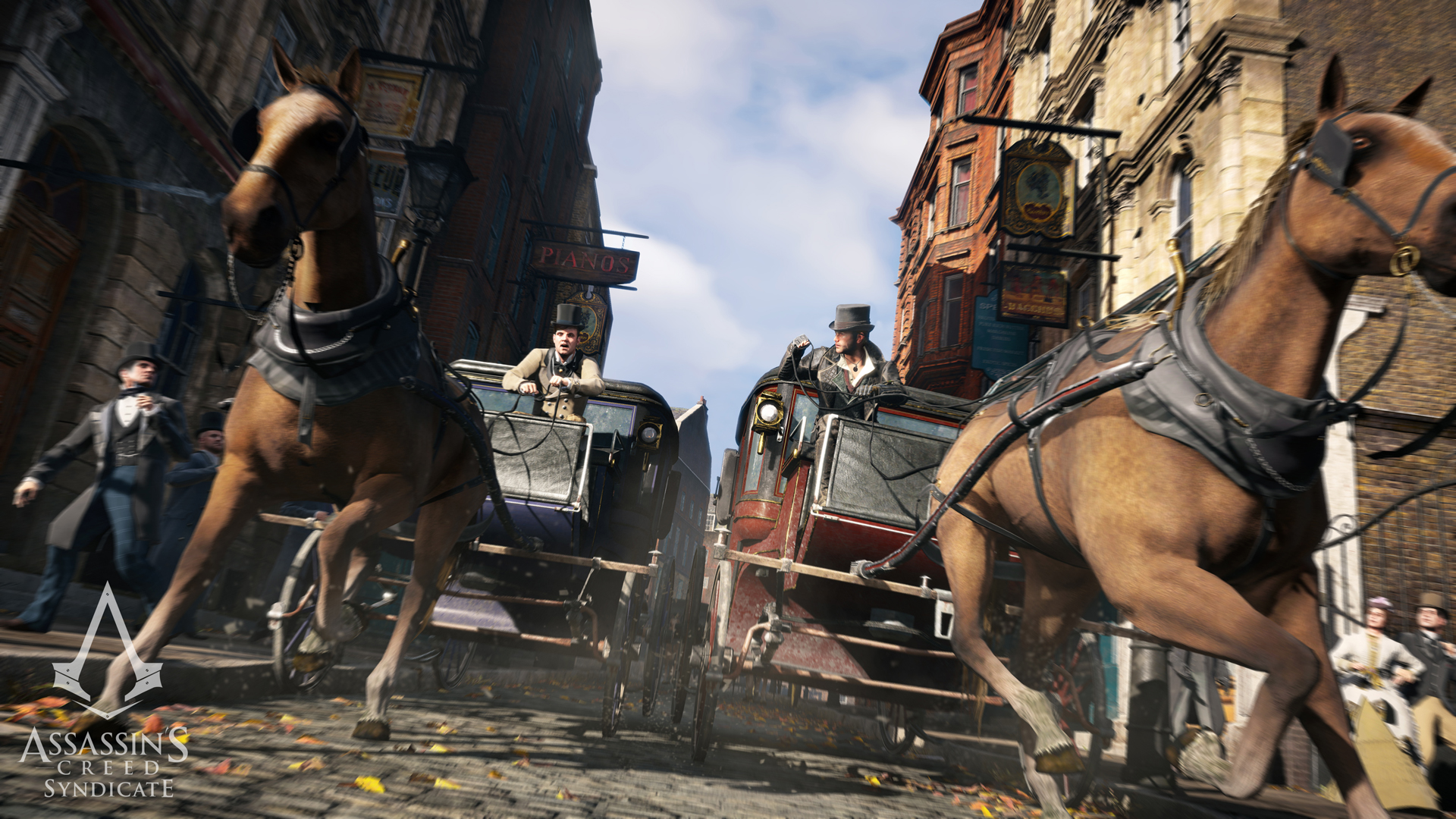 A carriage chase sends horses and vehicles across a city street.