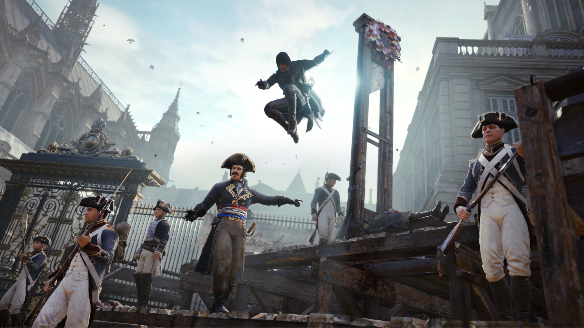 Arno leaps above a crowded street during the French Revolution.