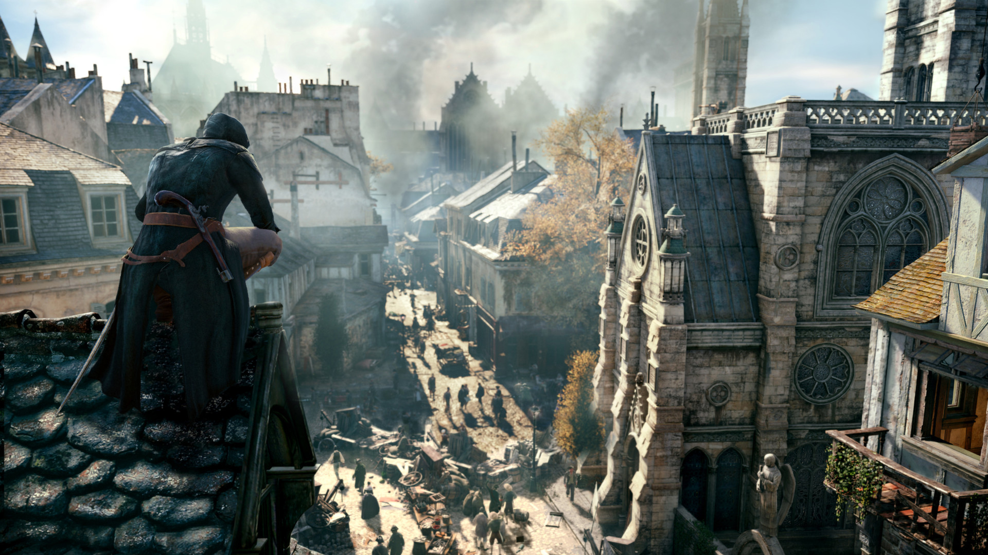 Arno crouches on a rooftop overlooking Paris.