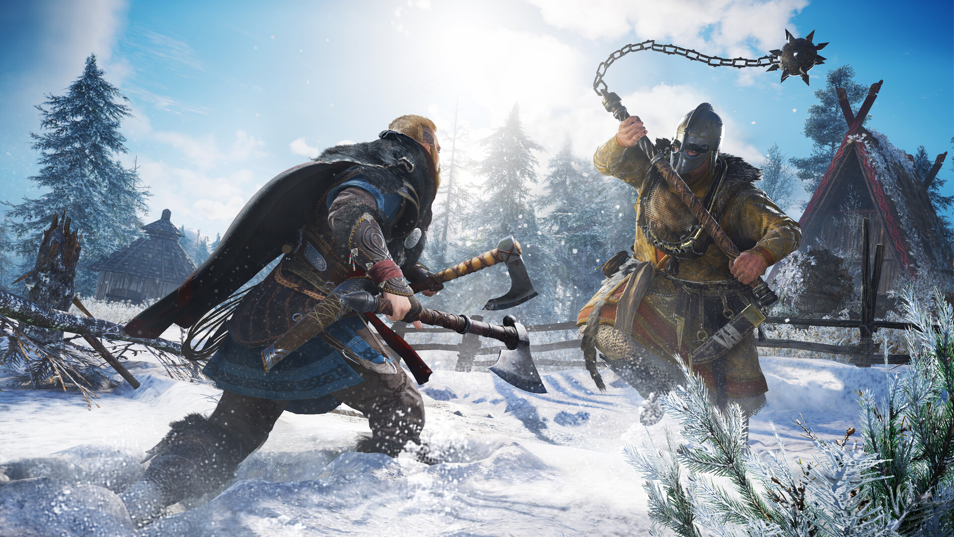 Two warriors clash with axes in a snowy settlement.