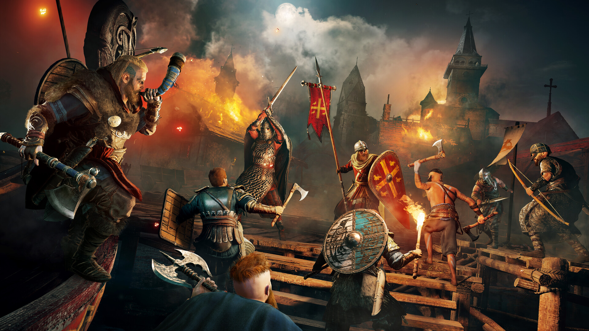 A Viking force fights across a burning fortified bridge.