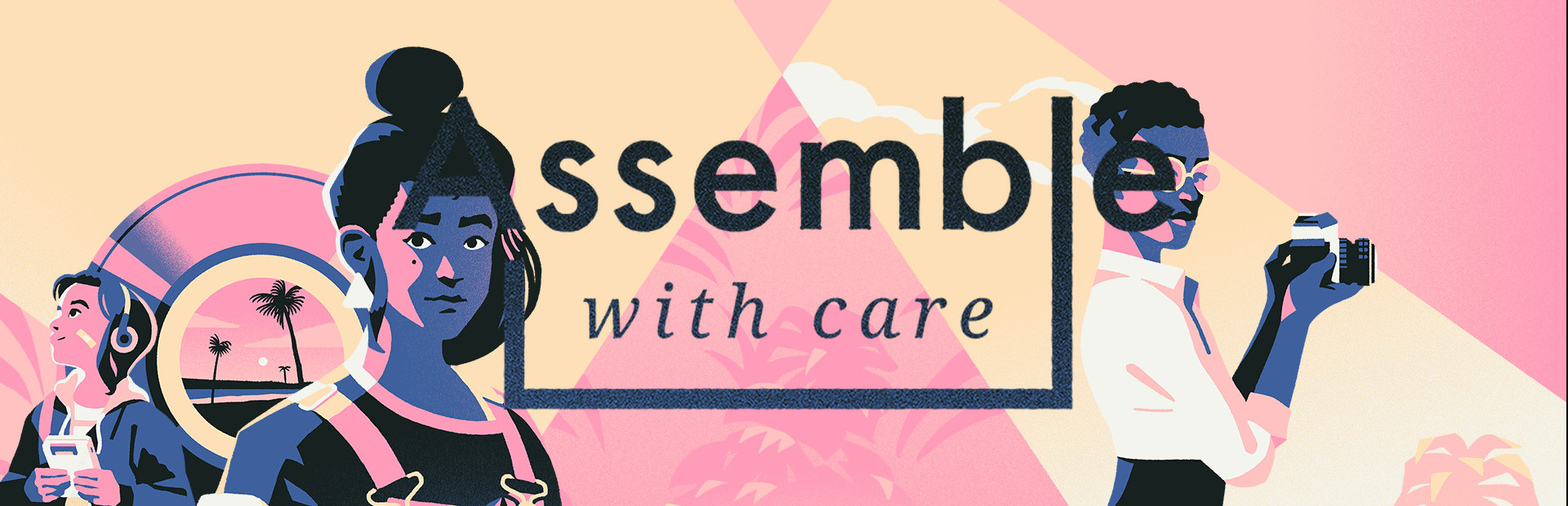 Official Steam library artwork frames the Assemble with Care title with illustrated characters and repair objects.