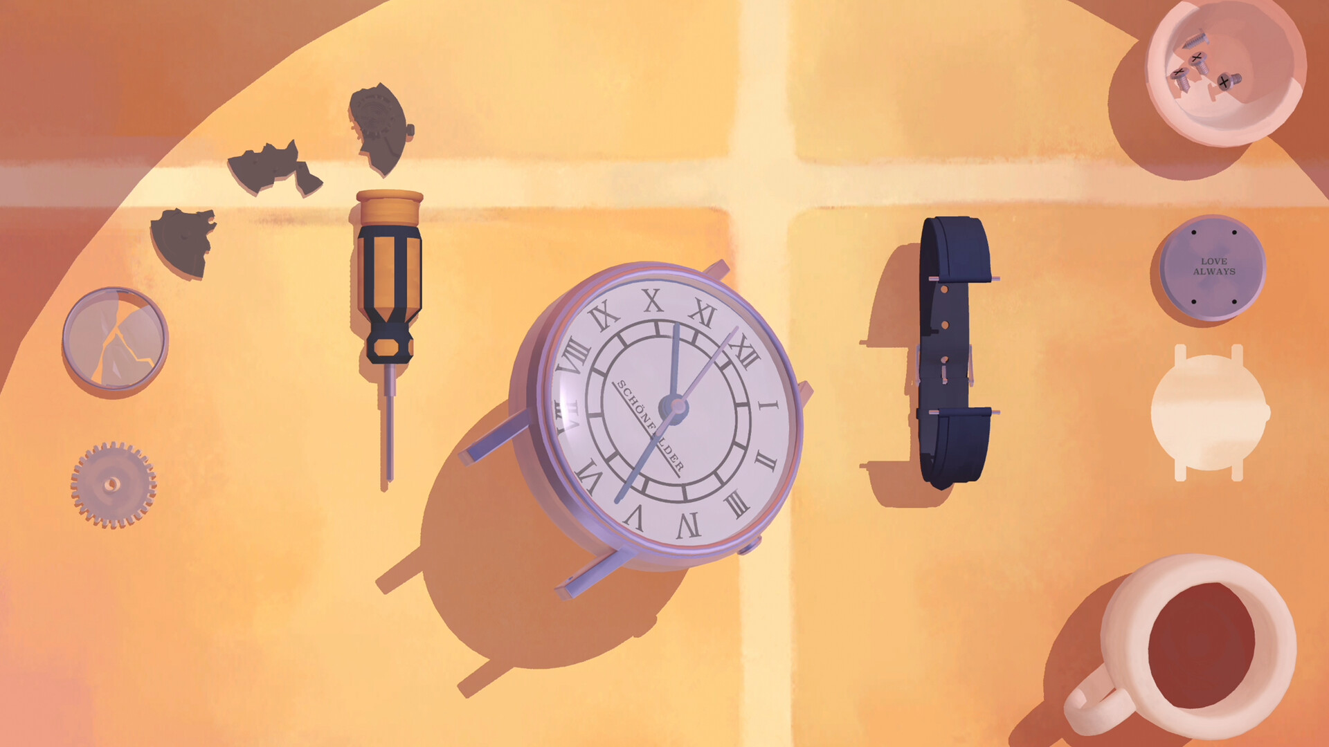 Clock parts and repair tools lie across a worktable.