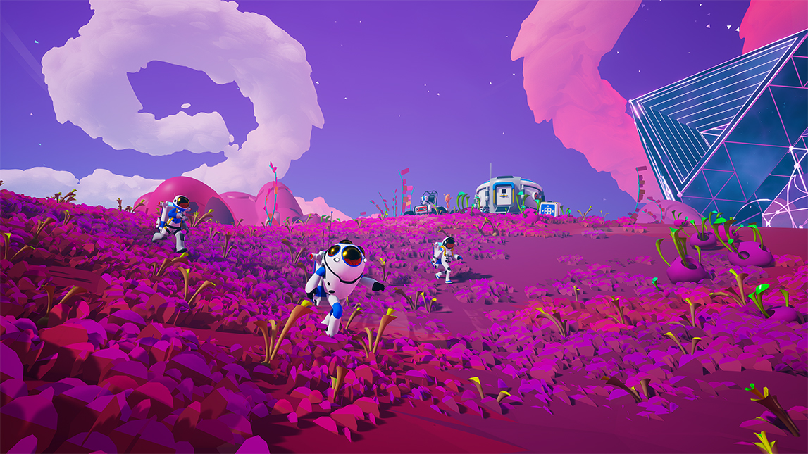 Astroneers explore a bright alien field near a research structure.