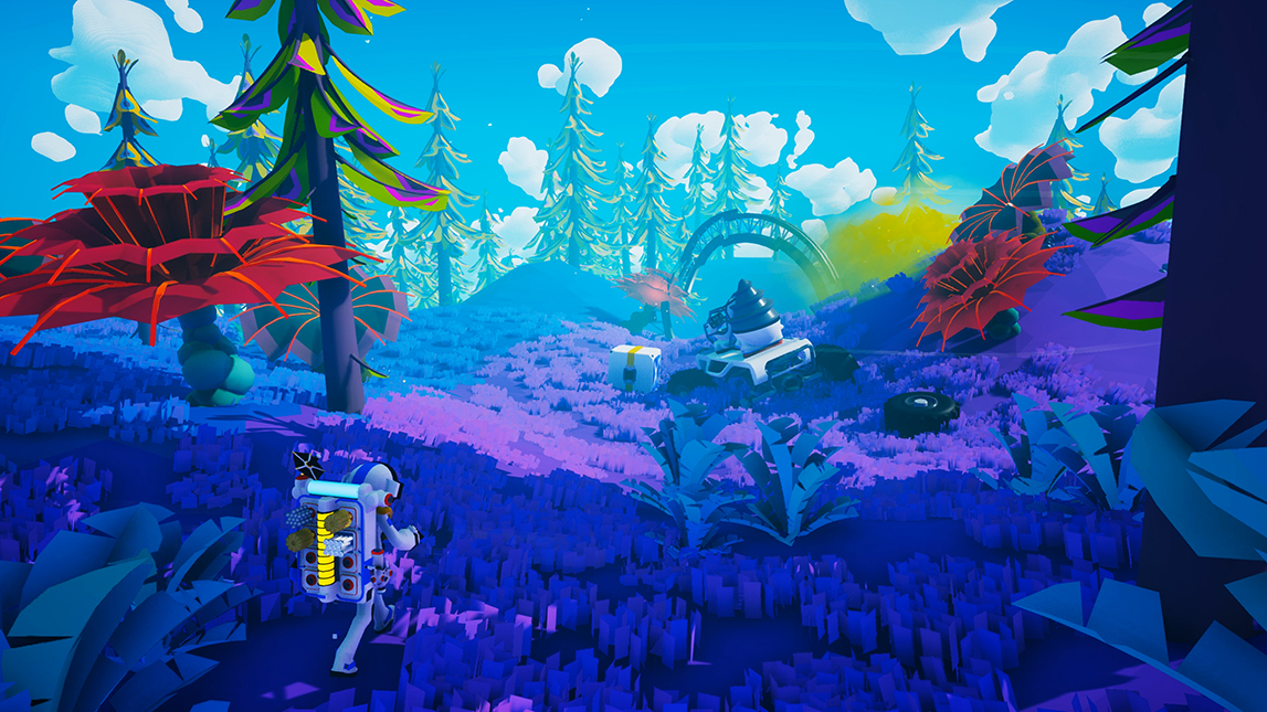 An astronaut crosses a colorful alien forest.