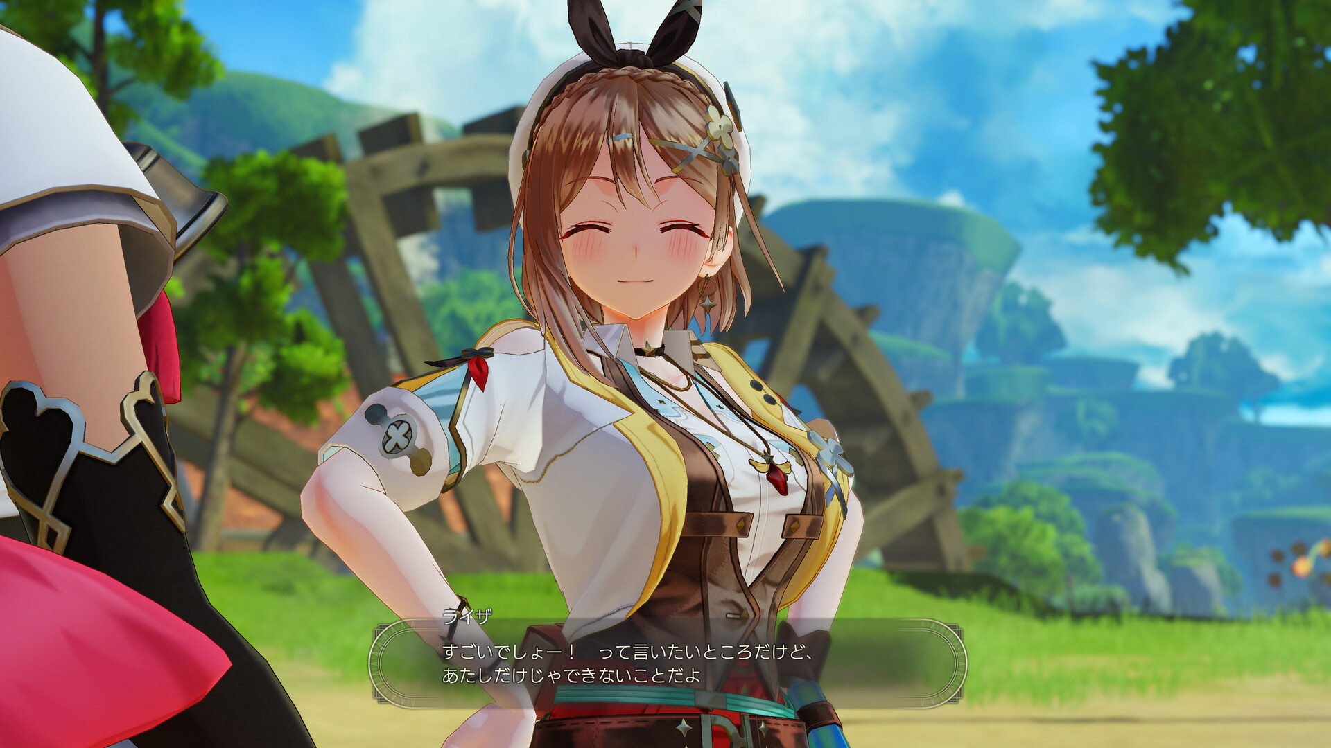 Ryza stands outdoors beside another character.