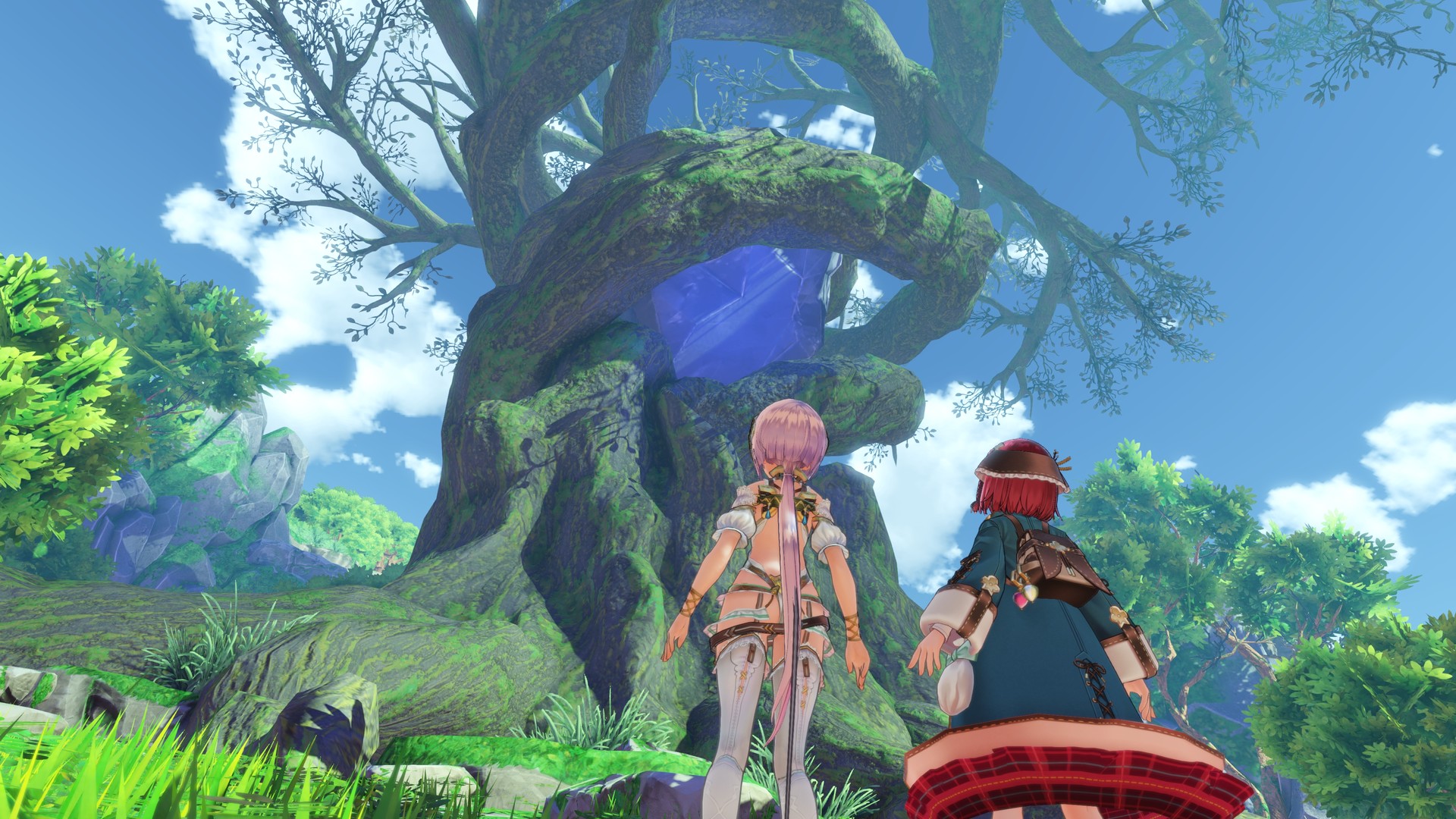 Two travelers approach a giant tree in a bright forest.