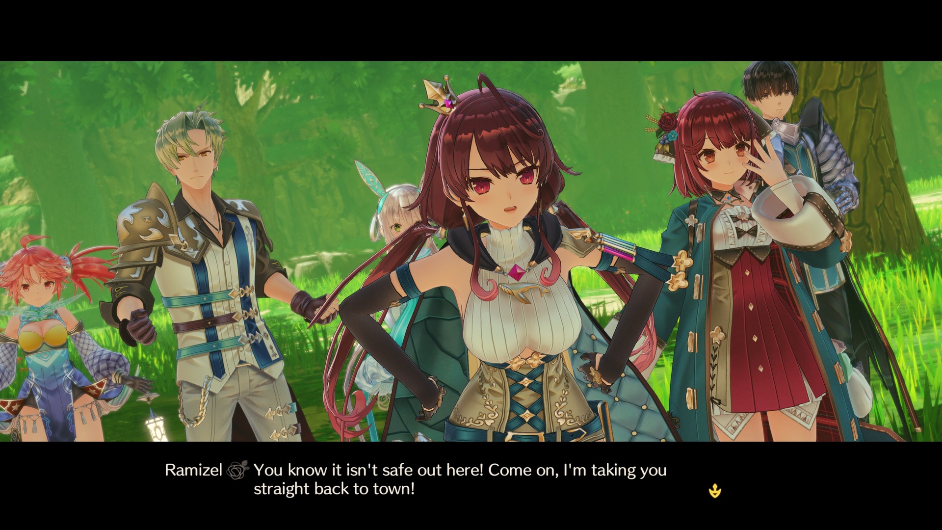 Sophie stands with companions during a forest conversation.