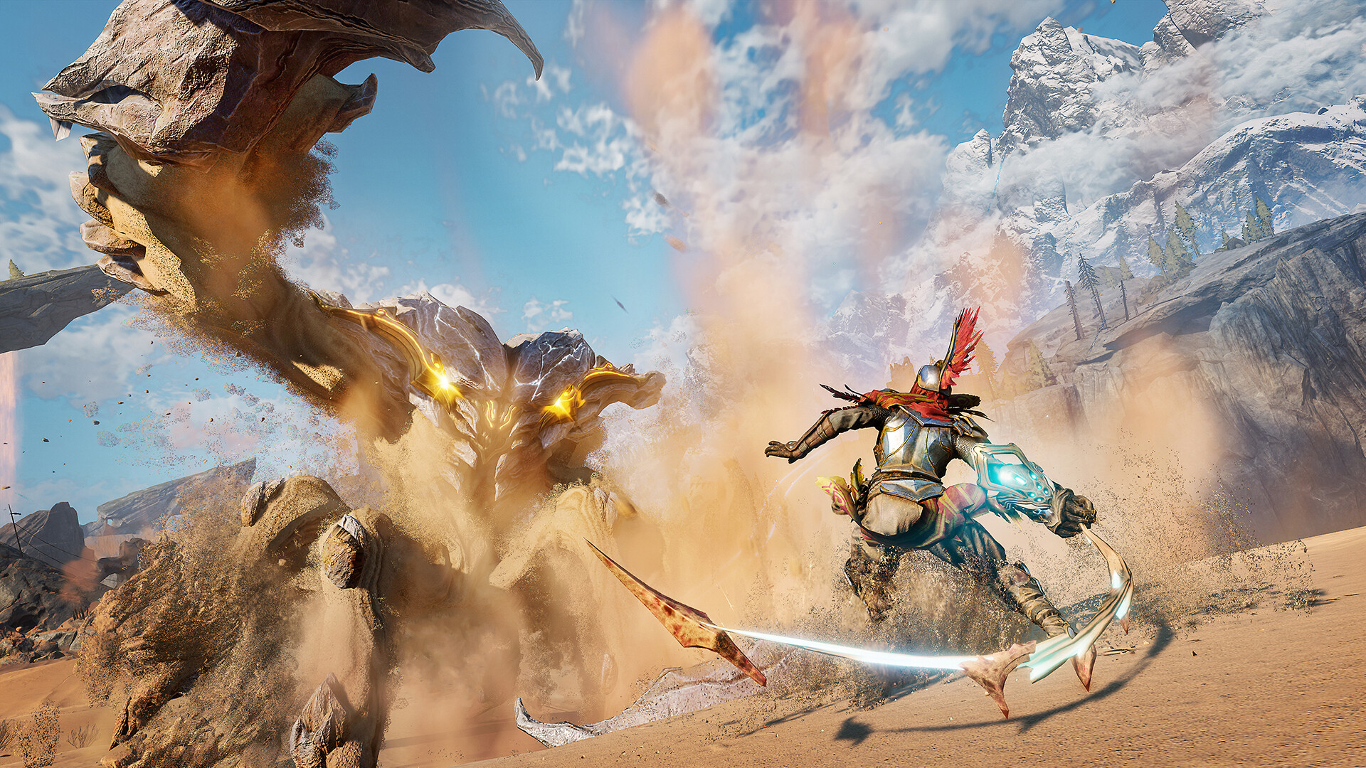 A fighter leaps toward a giant creature in a desert battle.