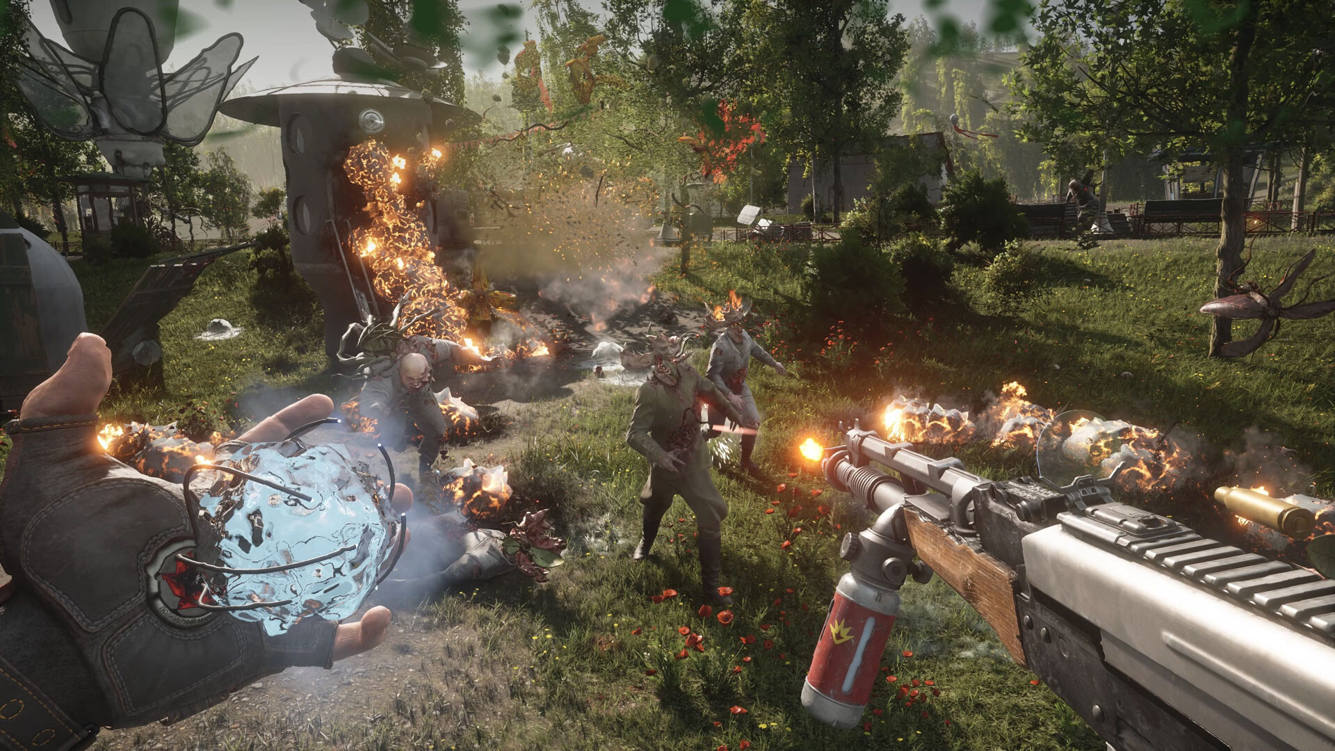 The player uses a glove ability and firearm during an outdoor fight.