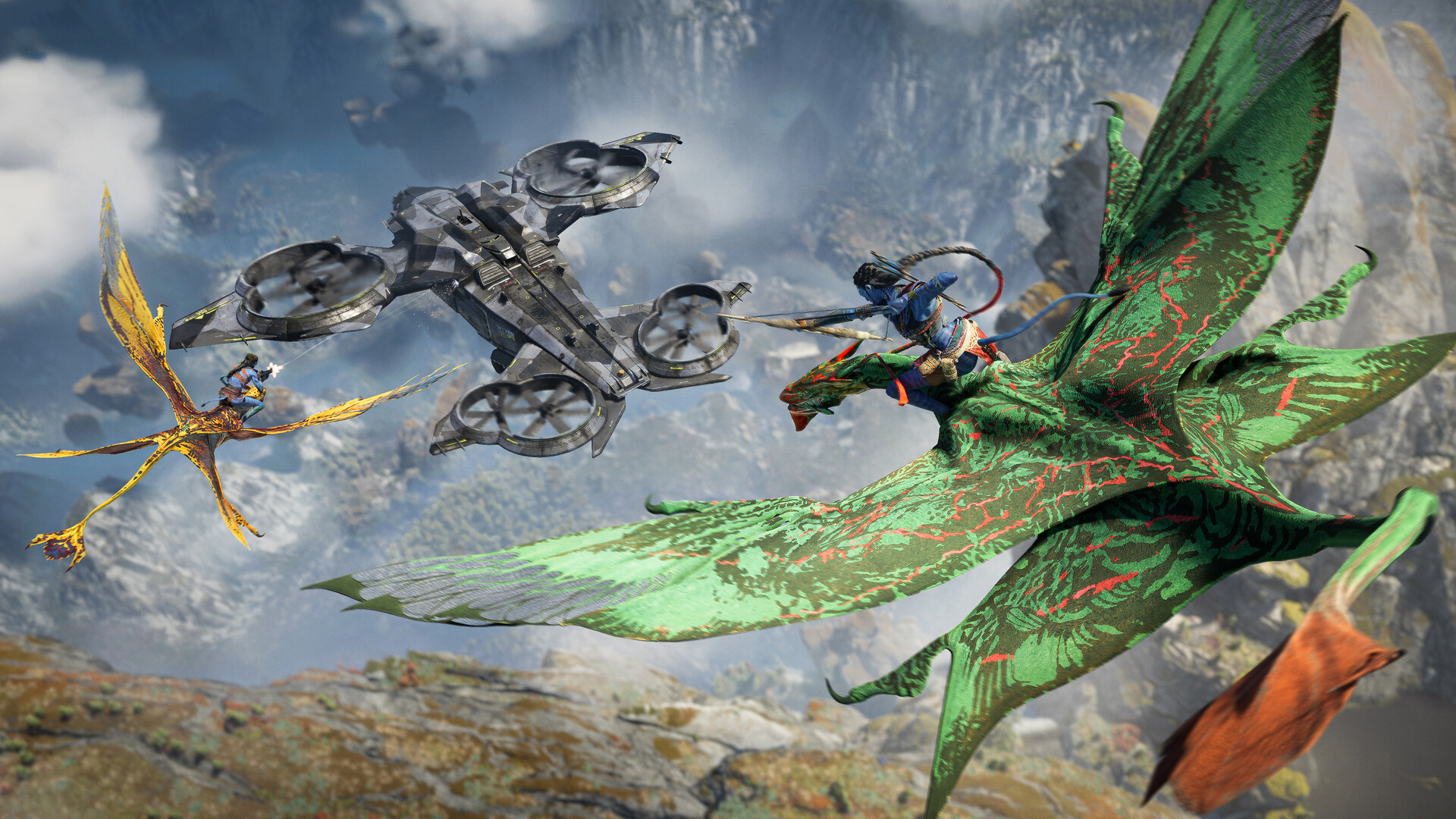 A Na’vi rider flies an ikran toward an RDA aircraft over the Western Frontier.