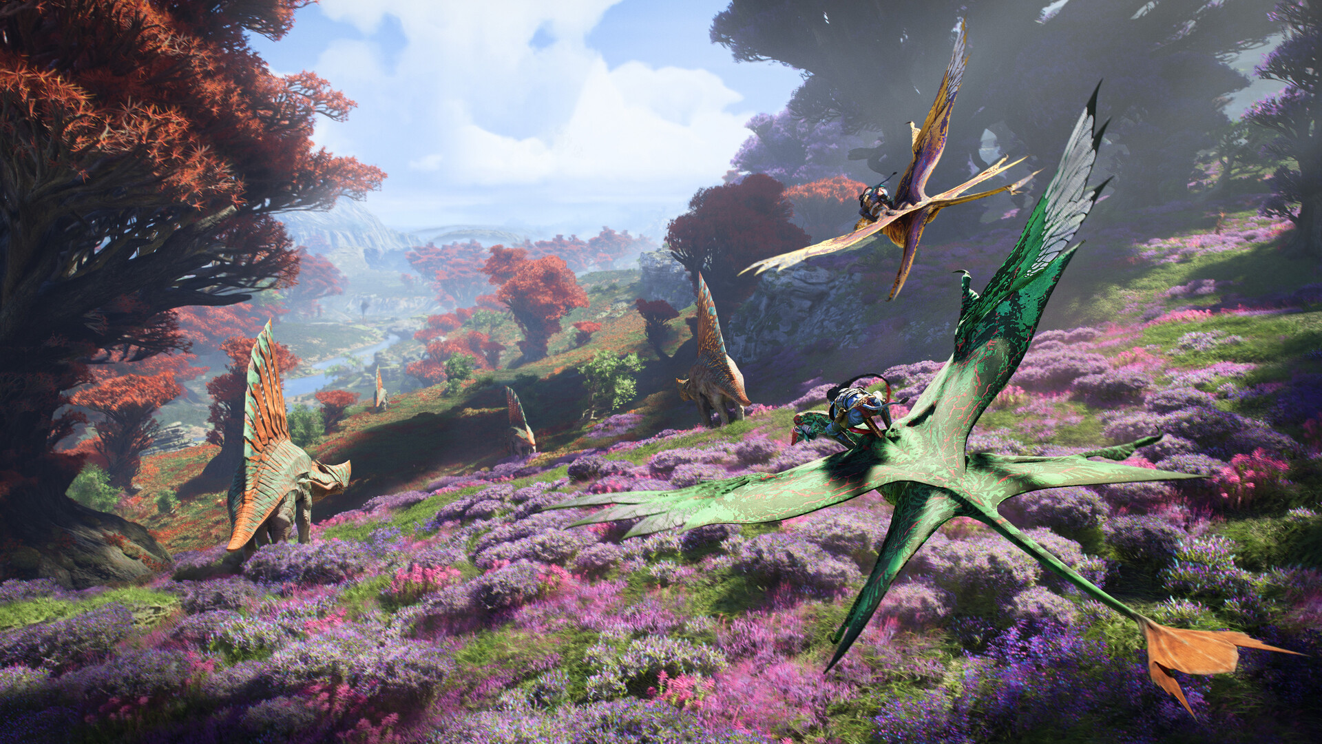 Several ikran cross a colorful Pandora valley with distant floating terrain.