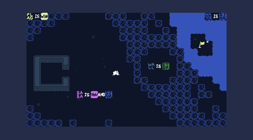 Baba stands among movable rule words and a flag in a blue puzzle room.