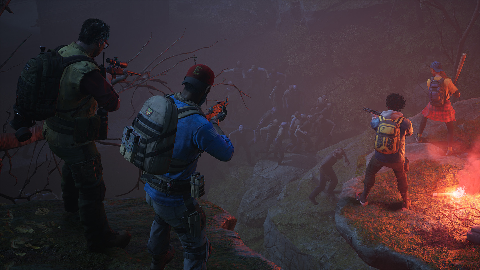 A Cleaner squad fights the Ridden in a misty forest.