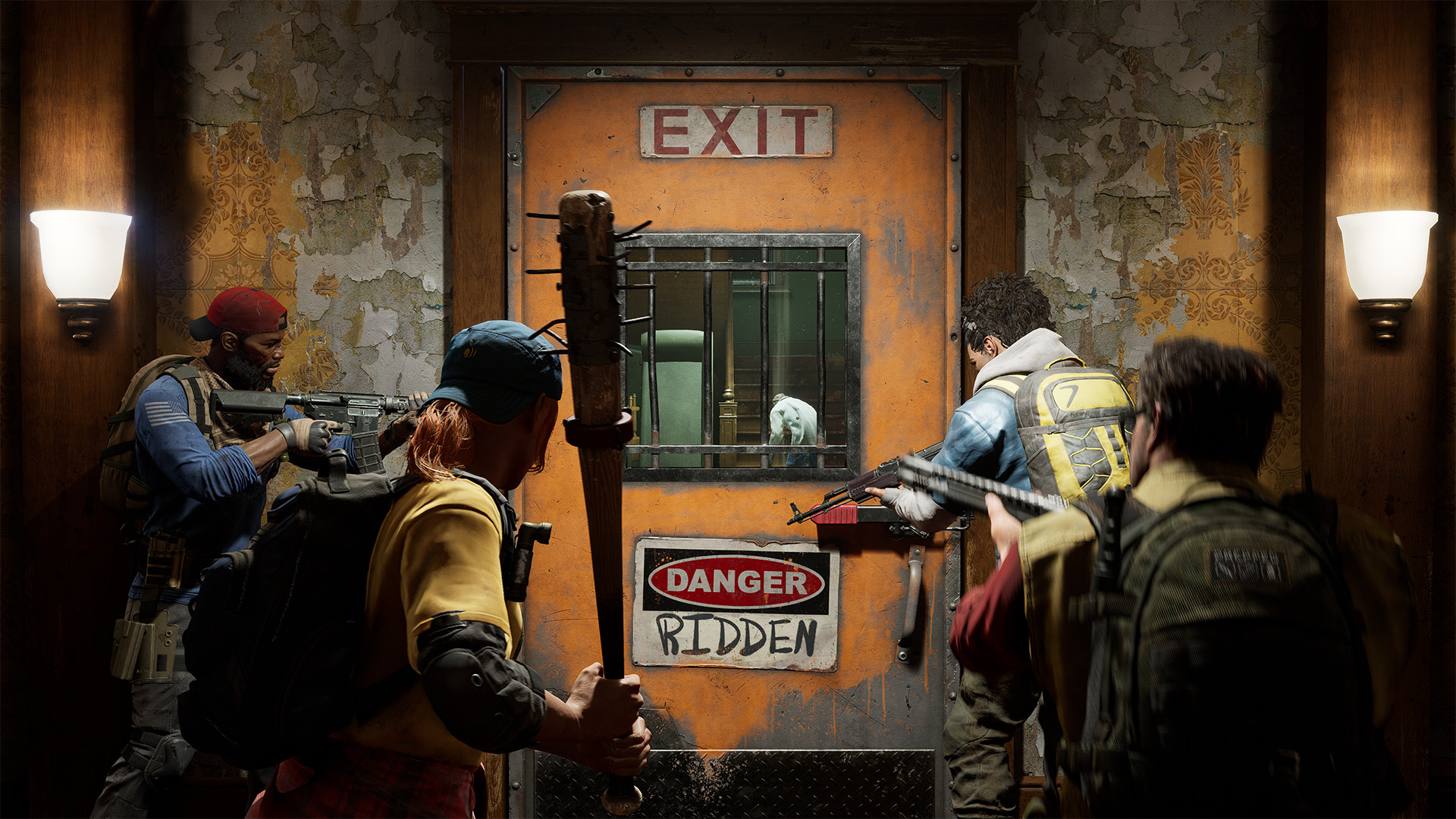 Cleaners prepare to open a door marked as a Ridden danger.
