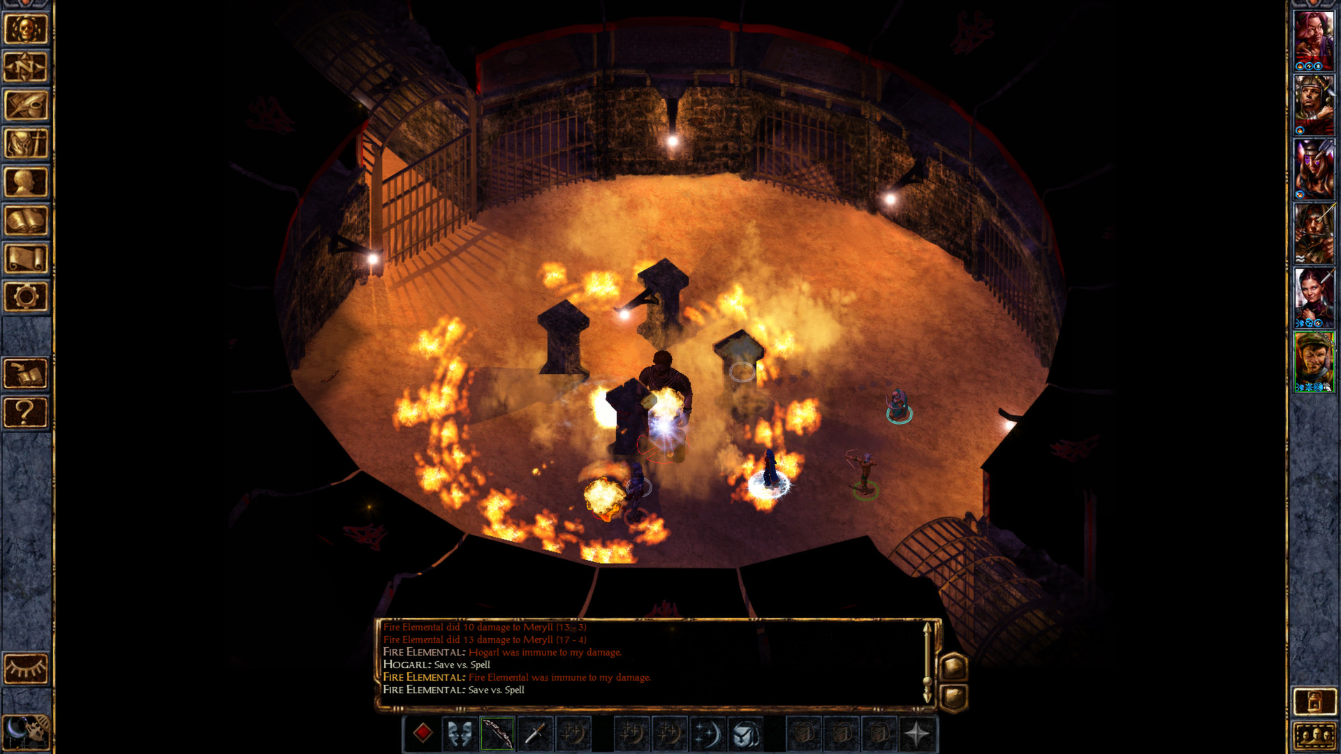The party faces a fire-filled chamber in an isometric battle.