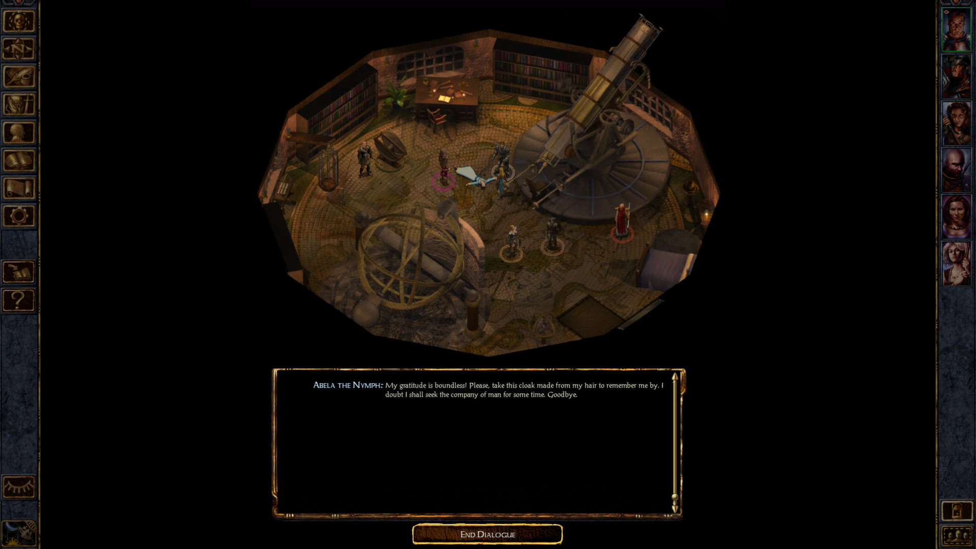 A dialogue choice appears inside a circular room.