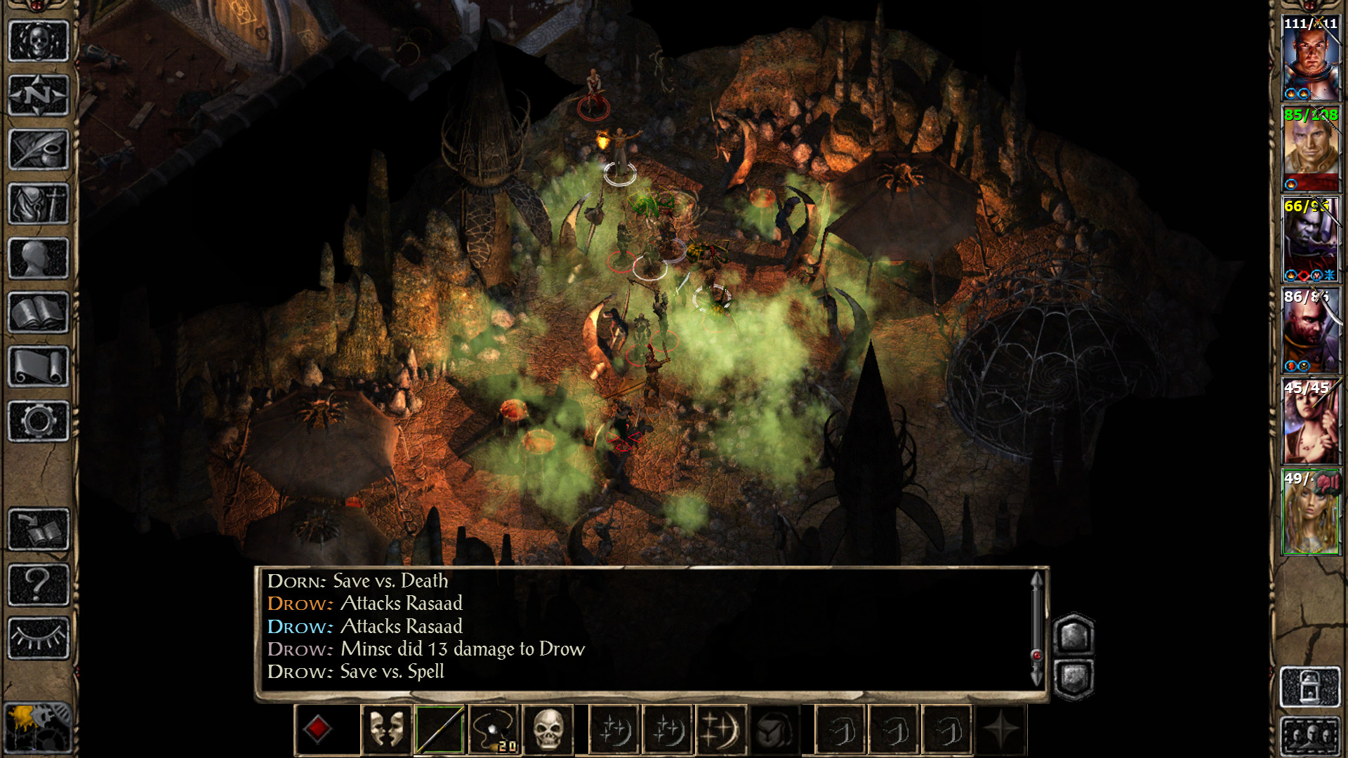 The party fights hostile creatures in a dark dungeon.
