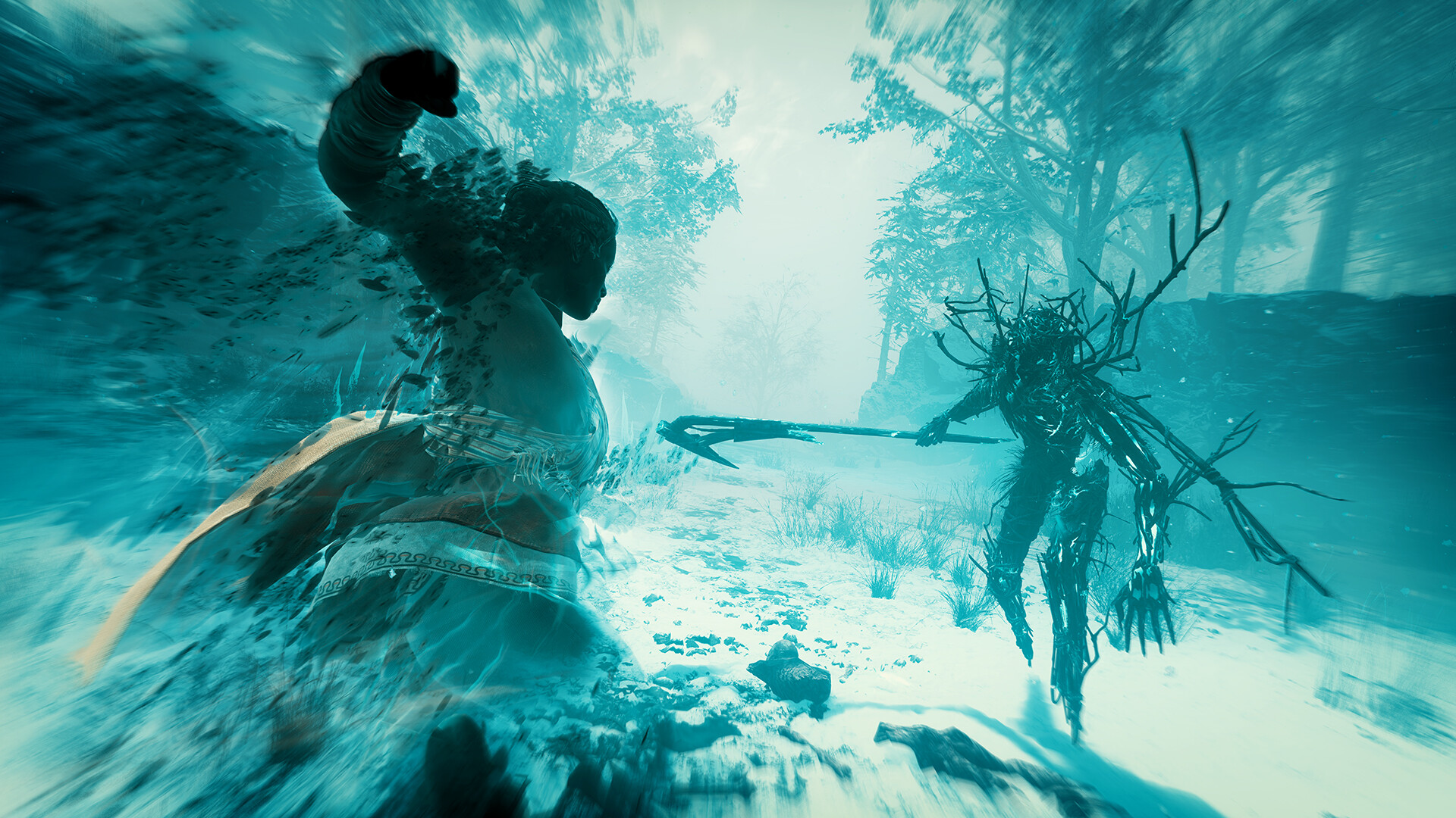 A Banisher faces a ghostly figure in a blue-lit forest.