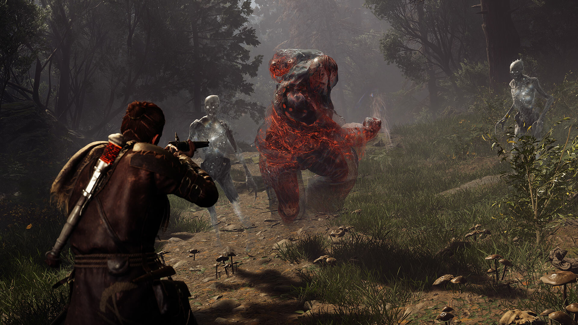 Red fights a large supernatural creature among the trees.