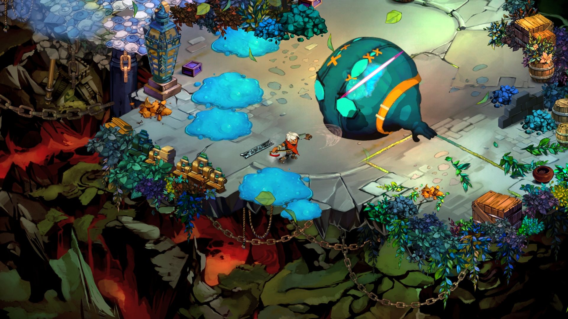The Kid faces a large creature on a broken stretch of land.