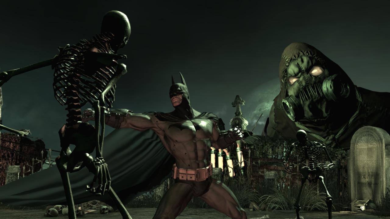 Batman confronts skeletal figures in a nightmare setting.