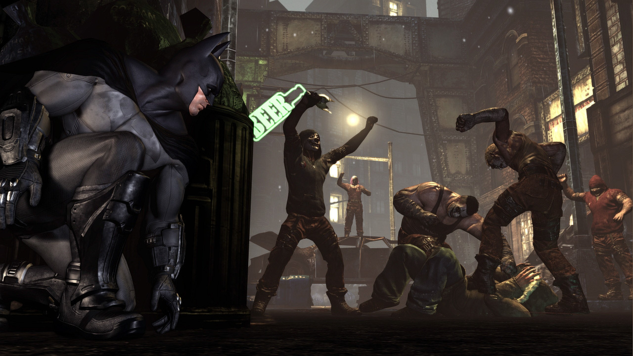Batman observes armed thugs inside a large hall.