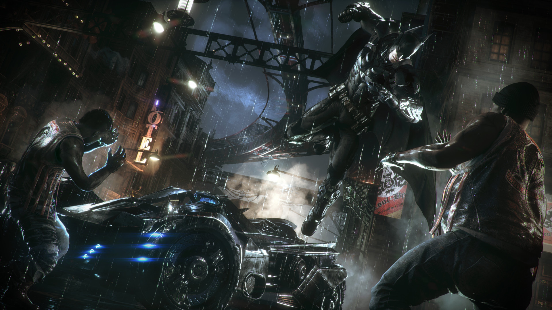 Batman leaps above the Batmobile during a street confrontation.
