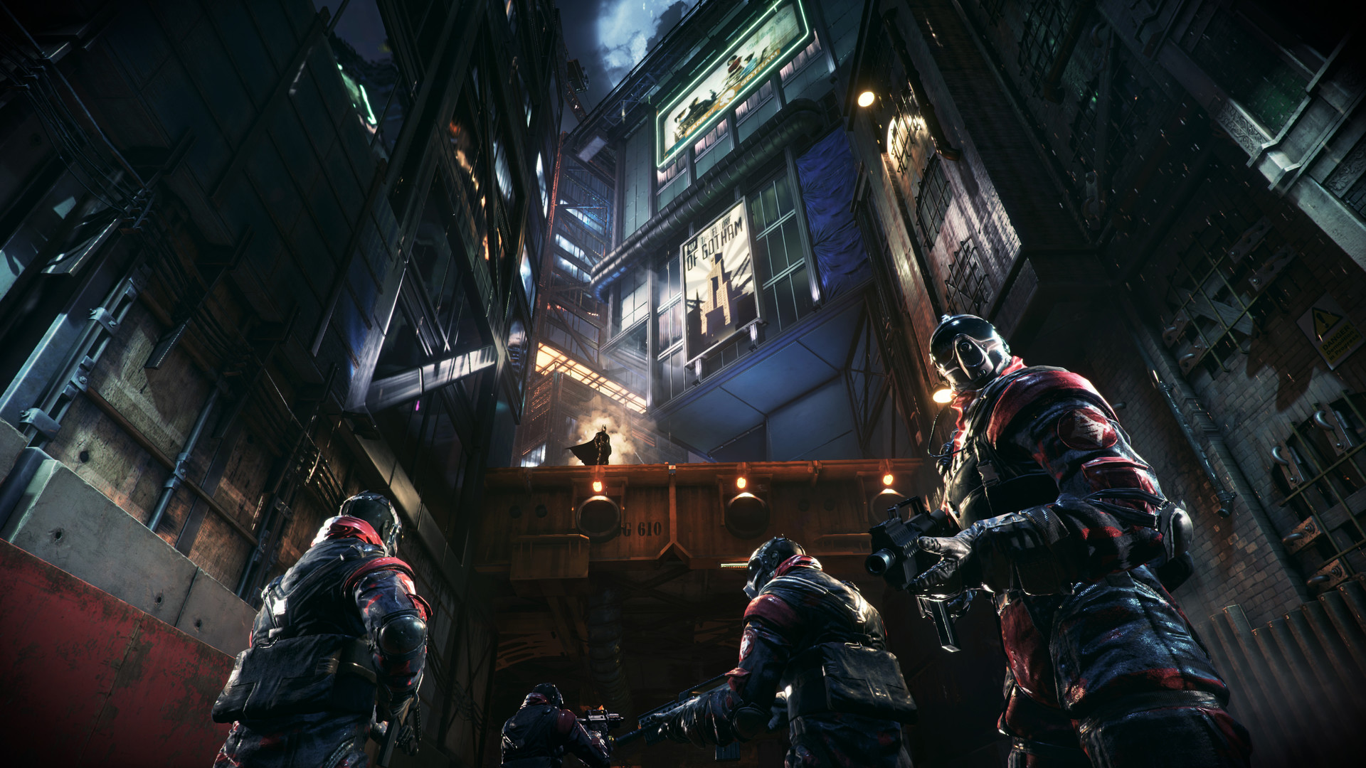 Armed enemies patrol a narrow Gotham street.