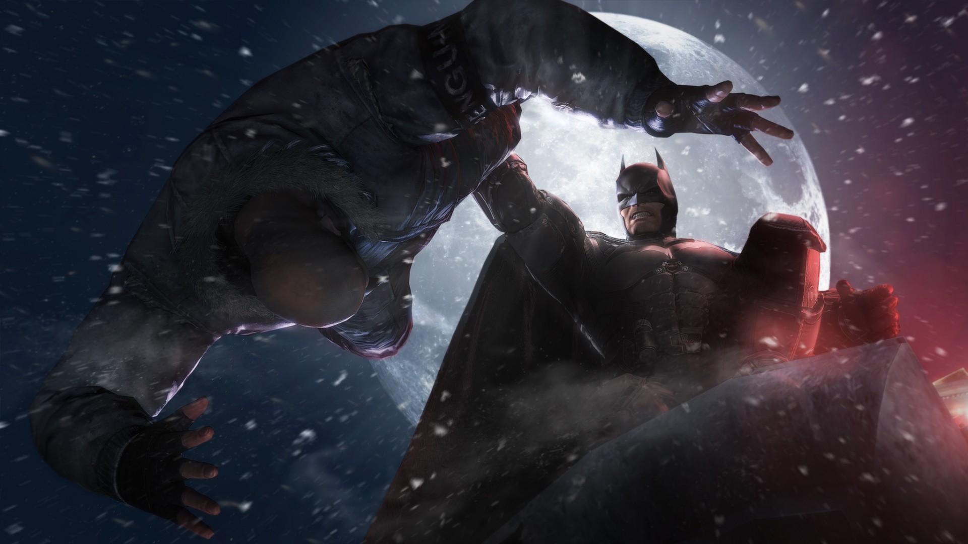 Batman fights a huge foe in a snowy confrontation.