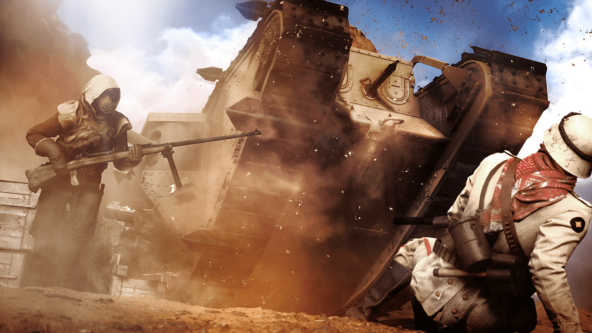 Soldiers take cover beside an armoured vehicle amid a desert battle.