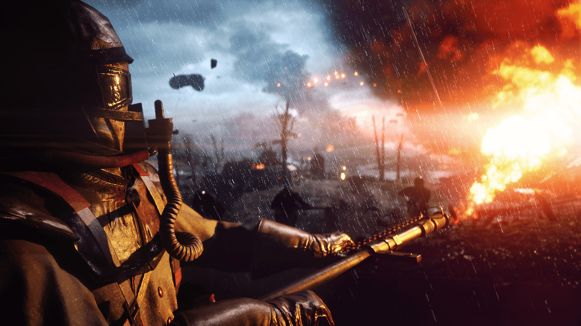 A soldier faces an explosion across a rain-soaked battlefield.
