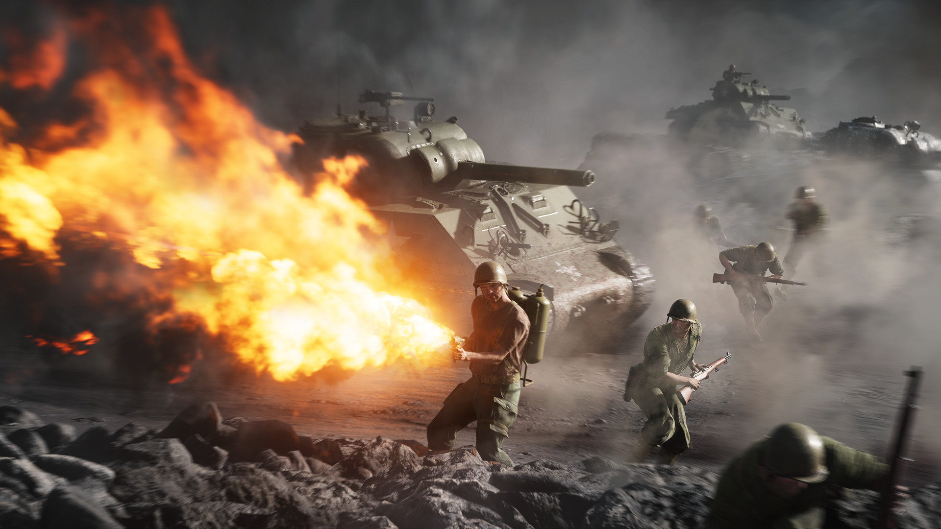 Infantry advance as tanks and flames fill a battlefield.